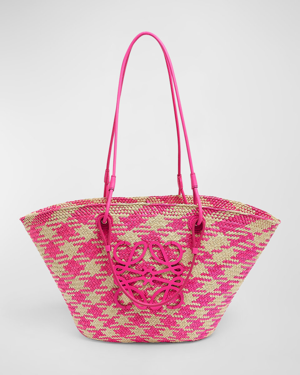 x Paula's Ibiza Medium Anagram Basket Tote Bag in Checkered Iraca Palm with Leather Handles