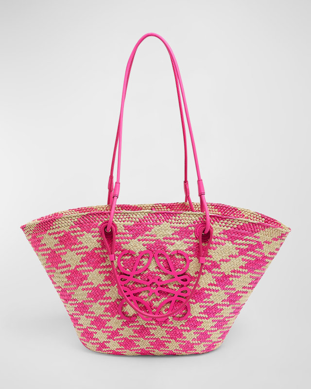 x Paula's Ibiza Medium Anagram Basket Tote Bag in Checkered Iraca Palm with Leather Handles