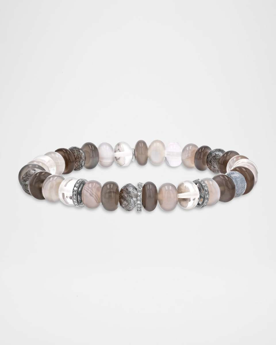 Gray Mix 8mm Bead Bracelet with 3 Pave Diamond Rondelles