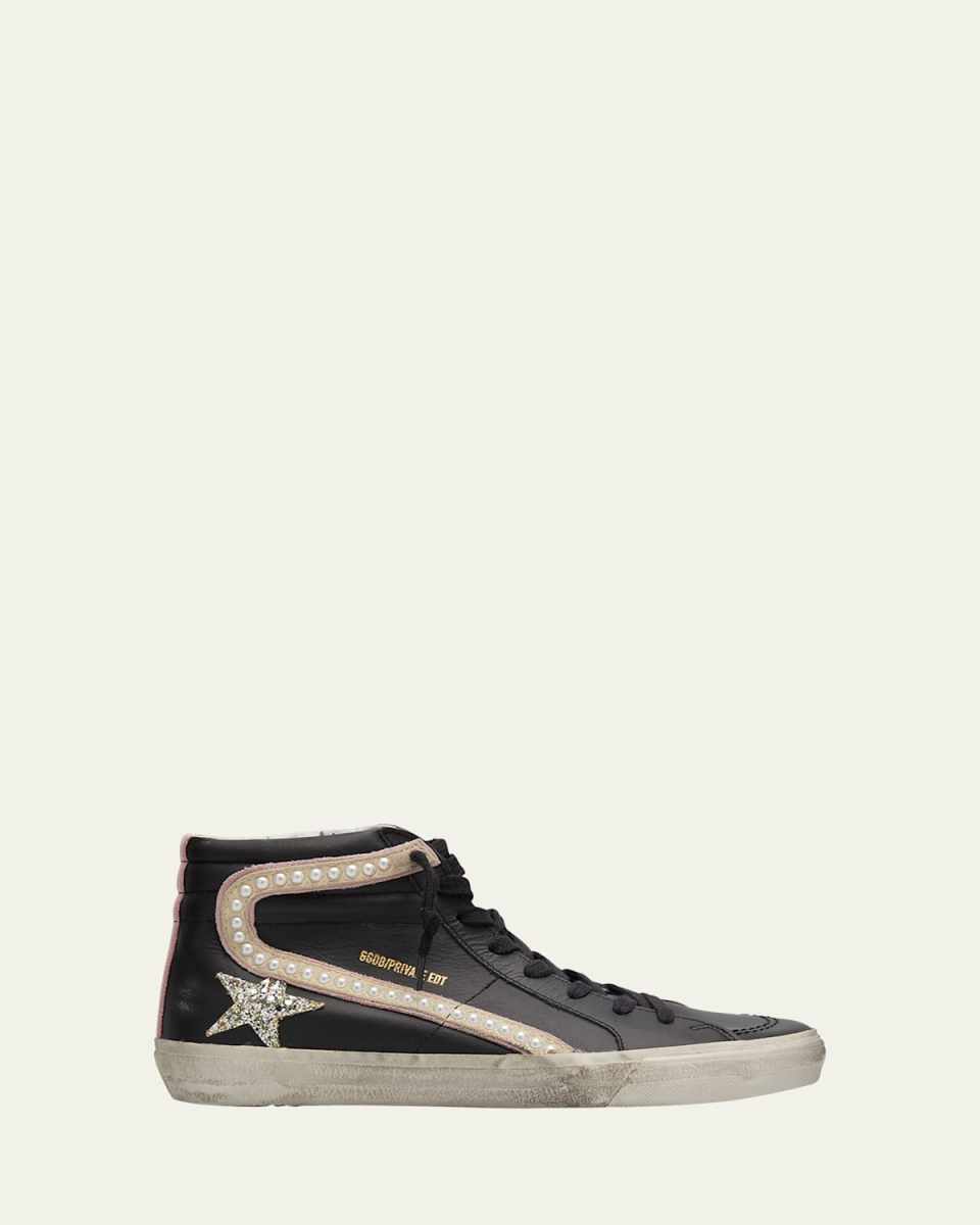 Slide Mid-Top Pearly Stud Leather Sneakers
