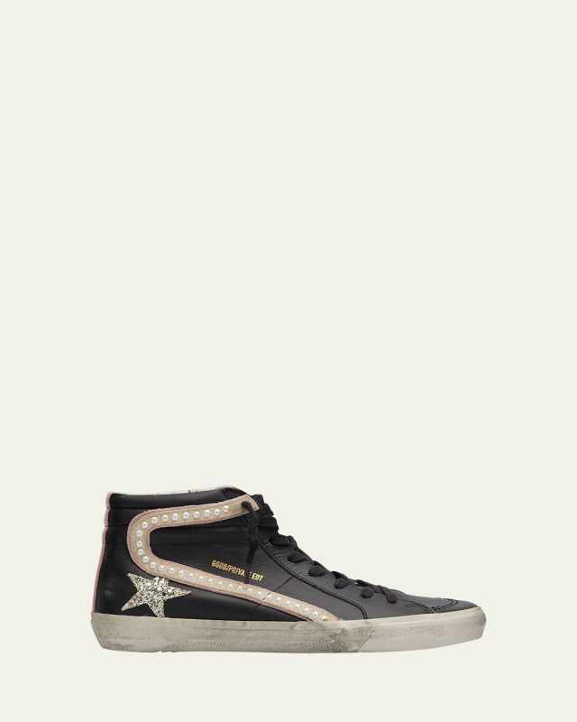 Slide Mid-Top Pearly Stud Leather Sneakers