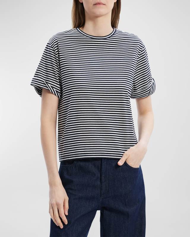 Boxy Rolled-Sleeve Striped Cotton T-Shirt