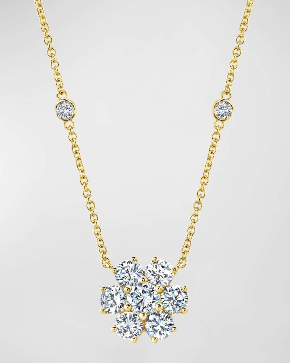 18K Gold Round Diamond Flower Pendant Necklace, 16"L, 1.20tcw