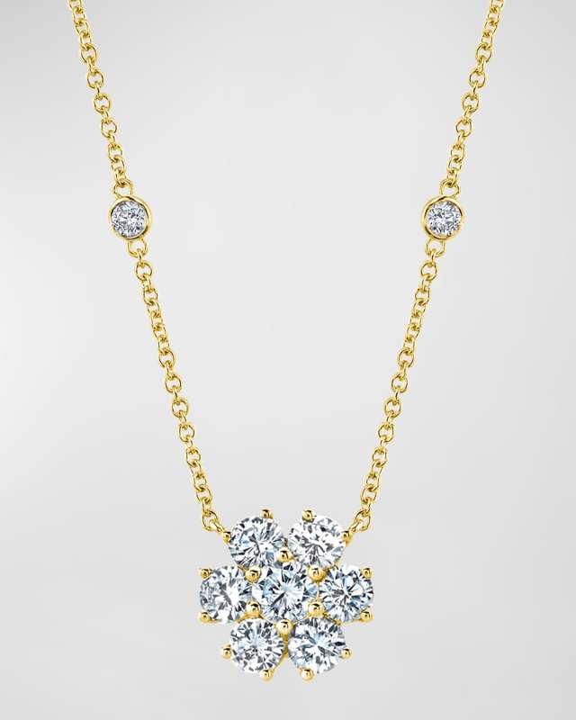18K Gold Round Diamond Flower Pendant Necklace, 16"L, 1.20tcw