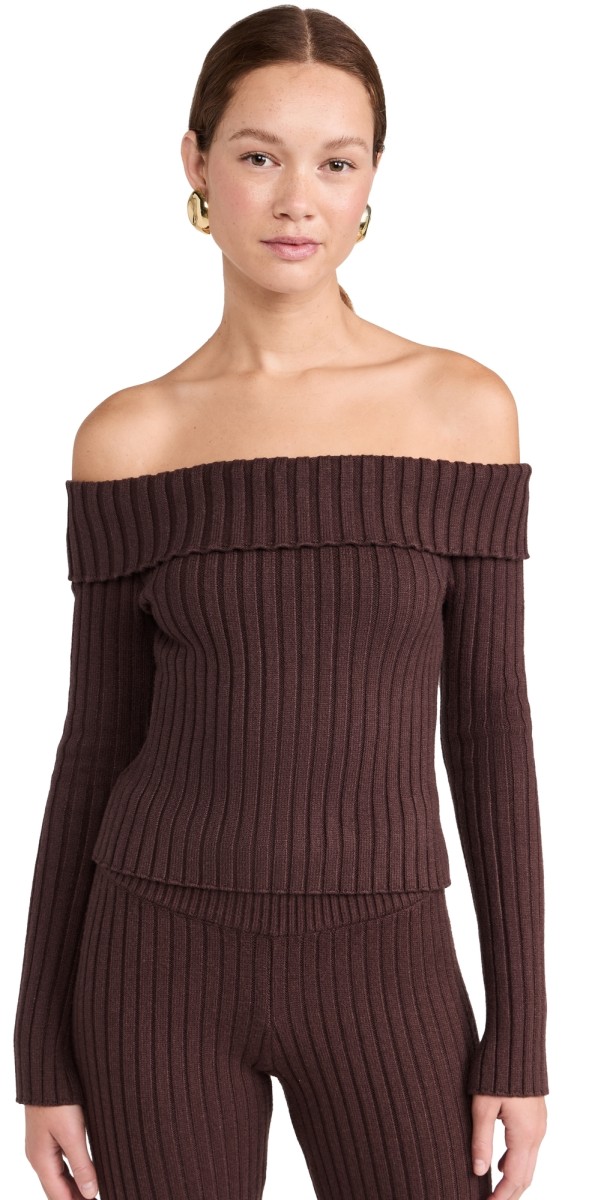 GUIZIO Thalia Rib Off Shoulder Sweater Chocolate