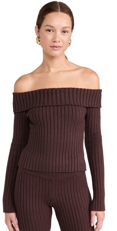 GUIZIO Thalia Rib Off Shoulder Sweater Chocolate