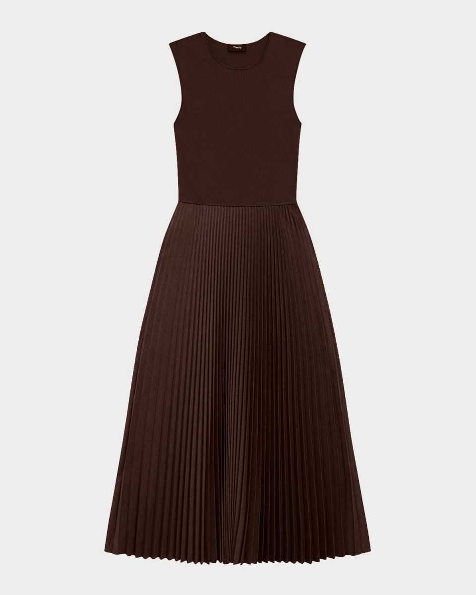 Combo Pleated Wool Suiting Sleeveless Midi Dress