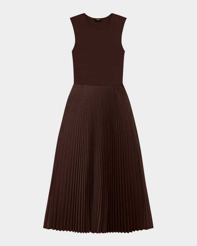 Combo Pleated Wool Suiting Sleeveless Midi Dress