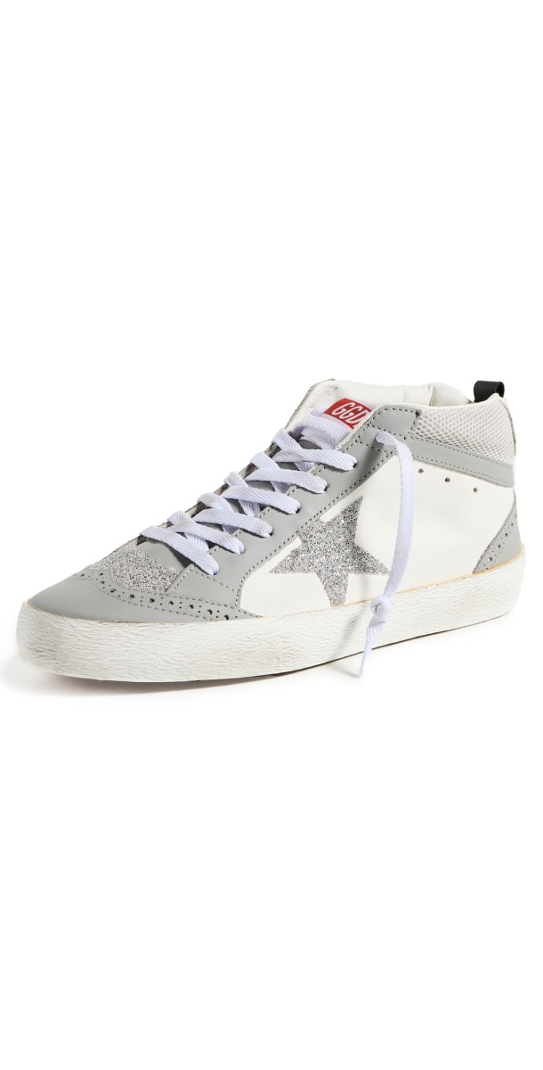 Golden Goose Mid Star Leather and Net Crystal Star Sneakers GREY/WHITE/CRYSTAL