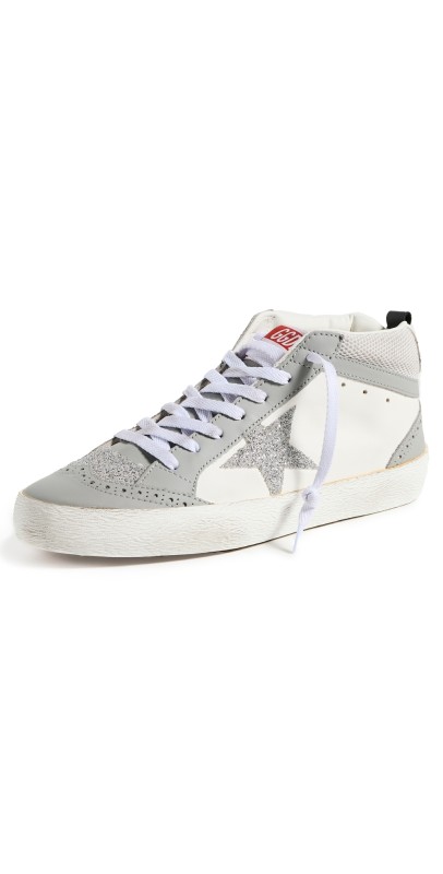 Golden Goose Mid Star Leather and Net Crystal Star Sneakers GREY/WHITE/CRYSTAL