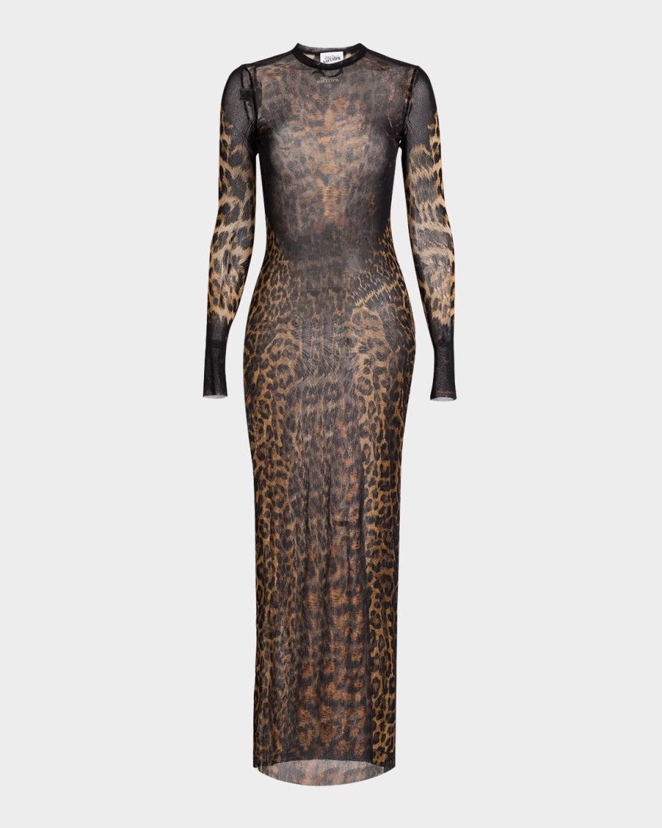Leopard-Print Lace Label Mesh Maxi Dress