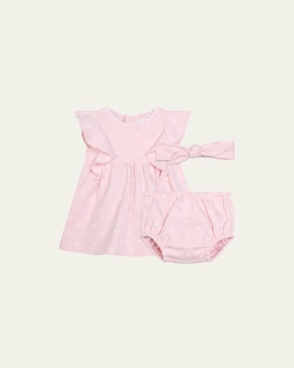 Girl's 4G Allover Printed Cotton Interlock Dress Set, Size 3M-
