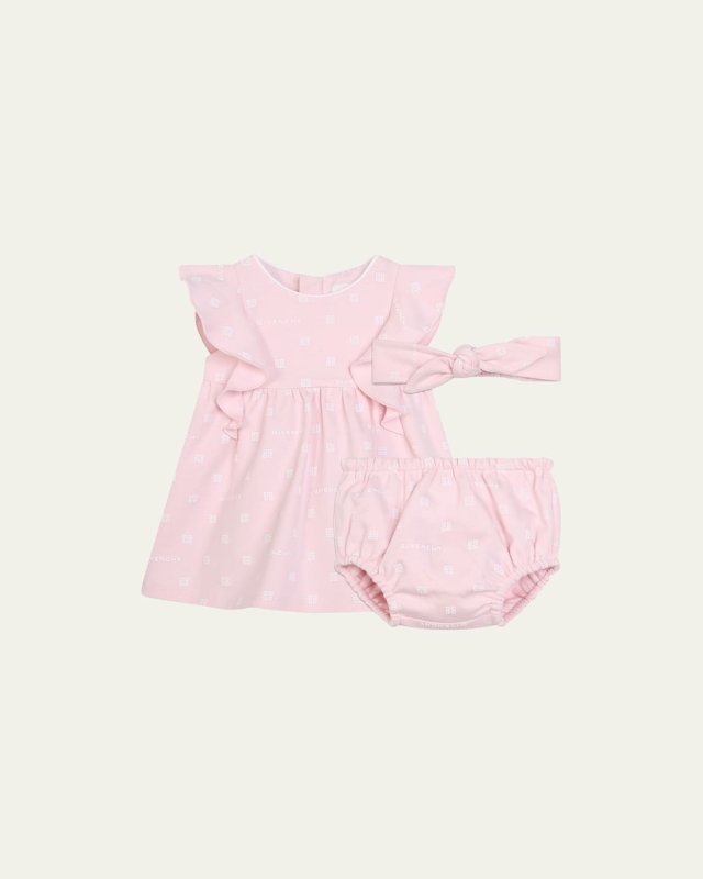 Girl's 4G Allover Printed Cotton Interlock Dress Set, Size 3M-
