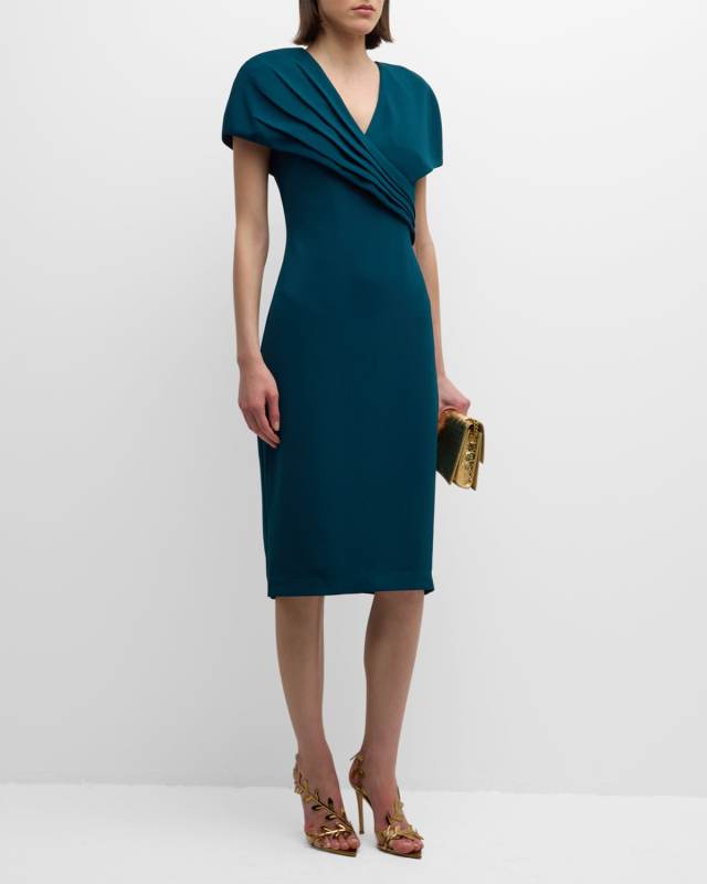 Pleated Cape-Sleeve Bodycon Midi Dress