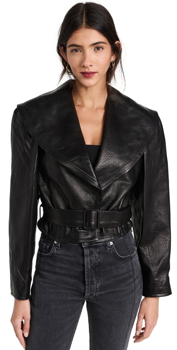 FRAME Cropped Belted Leather Jacket Black