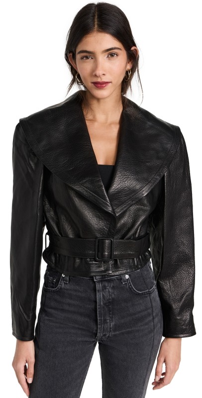 FRAME Cropped Belted Leather Jacket Black