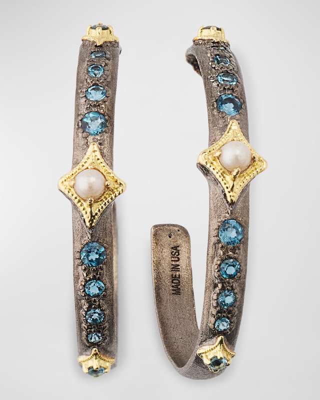 Oval Hoop Earrings with Topaz and Pearls