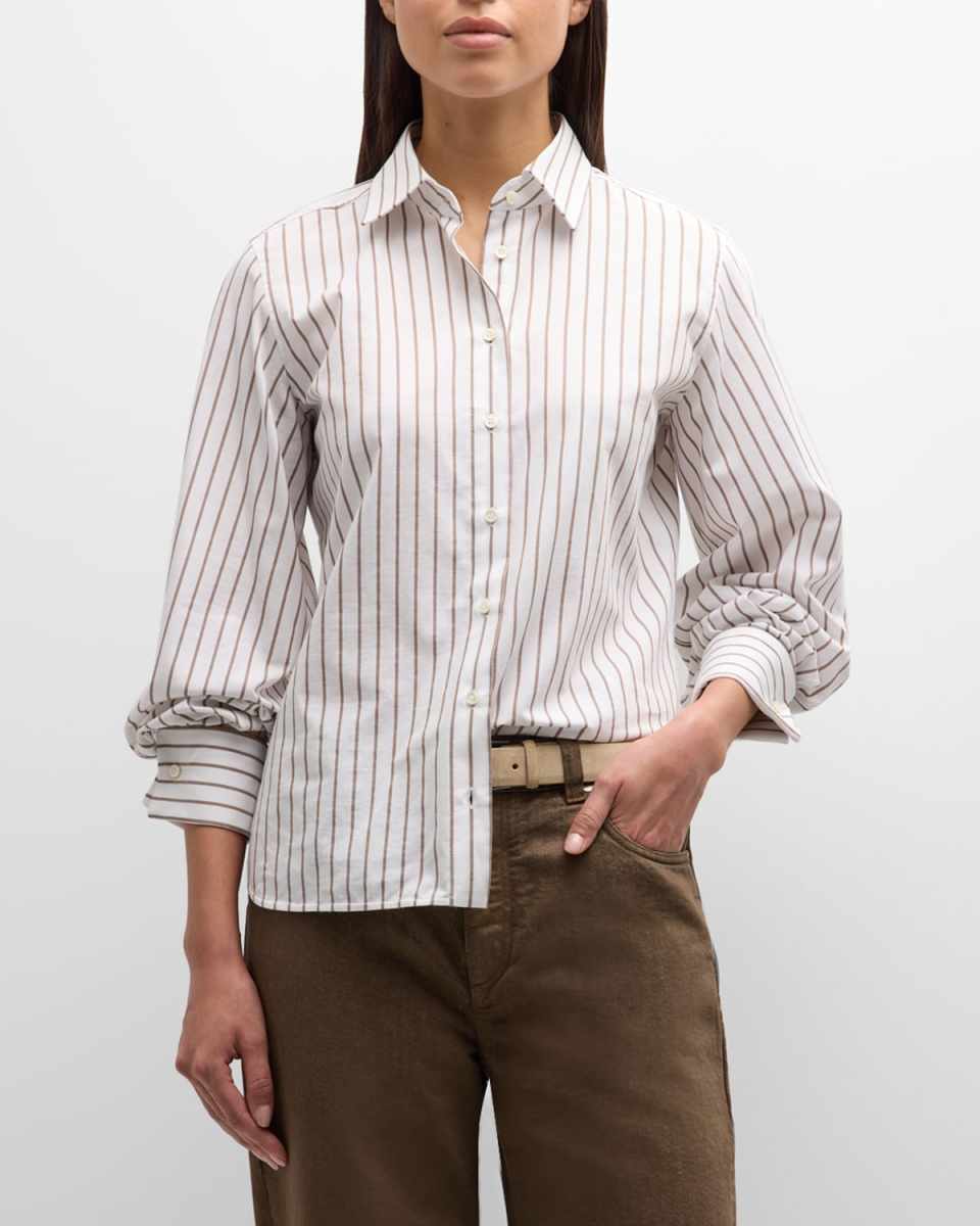 Monili Collar Cotton Twill Striped Blouse