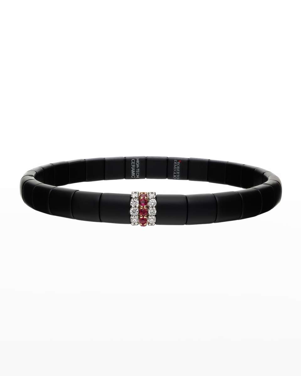 Two Tone and Matte Black Ceramic Pura Stretch Bracelet with Diamonds and Rubies