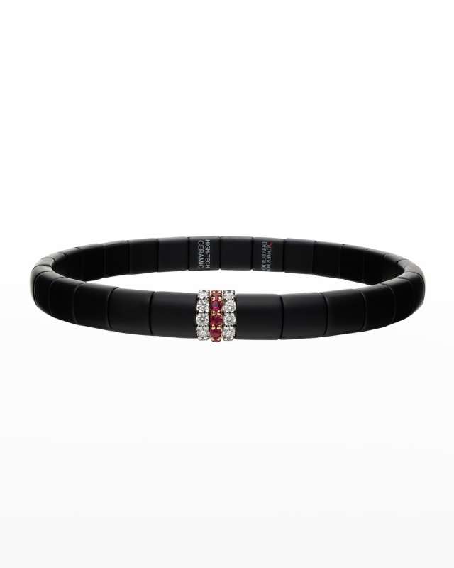 Two Tone and Matte Black Ceramic Pura Stretch Bracelet with Diamonds and Rubies