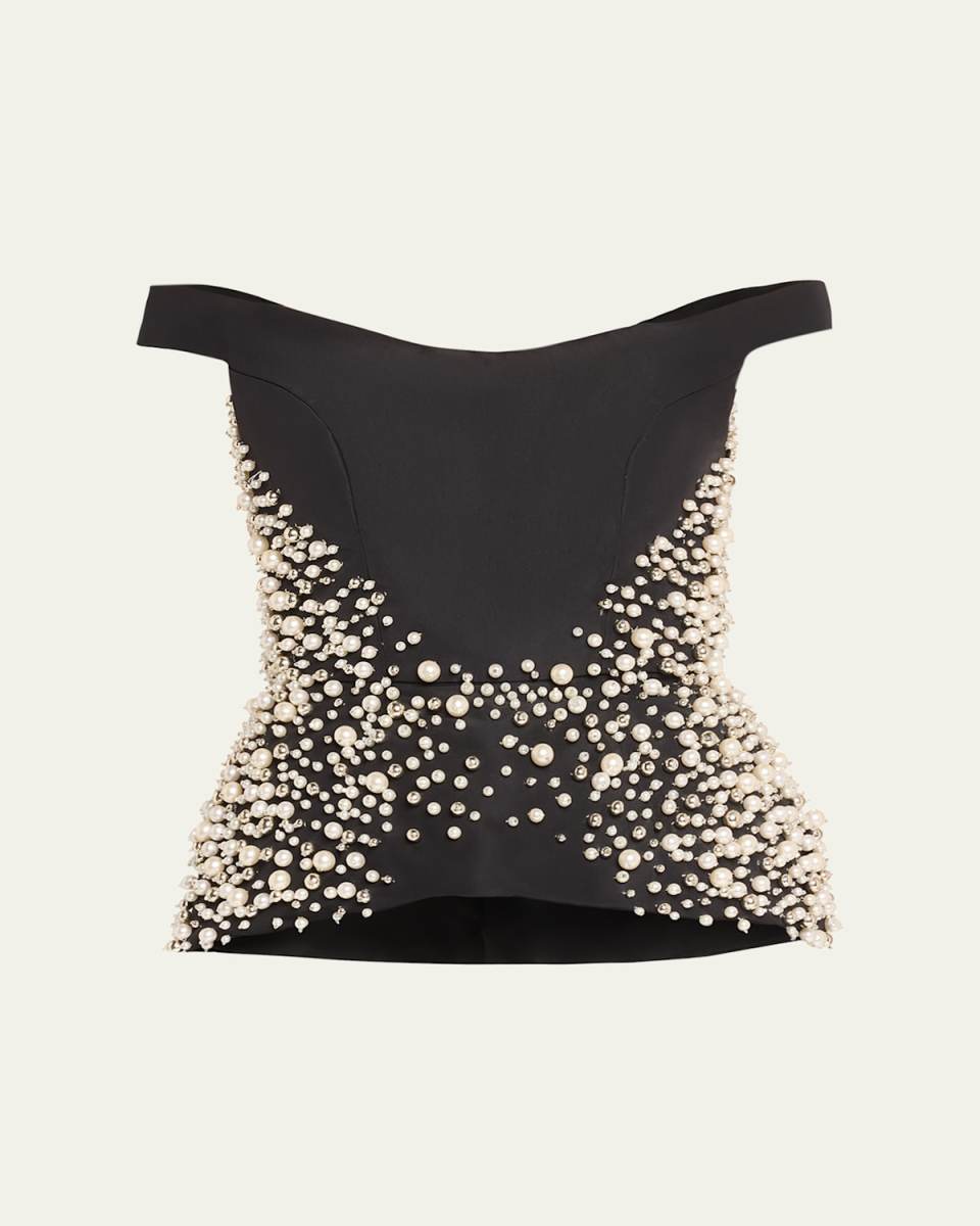 Off-Shoulder Pearl Embroidered Silk Peplum Top