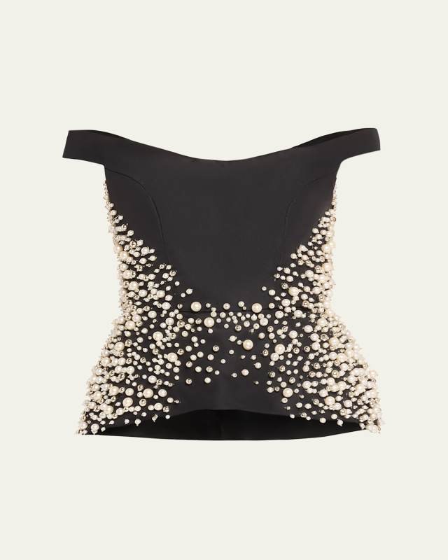Off-Shoulder Pearl Embroidered Silk Peplum Top