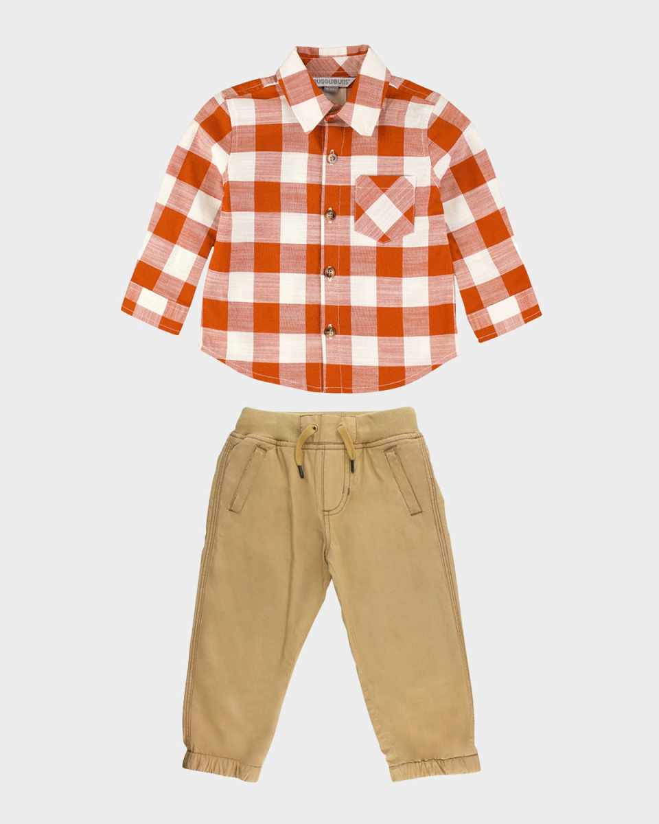 Boy's Rust Plaid-Print Shirt & Joggers Set, Size 3M-8