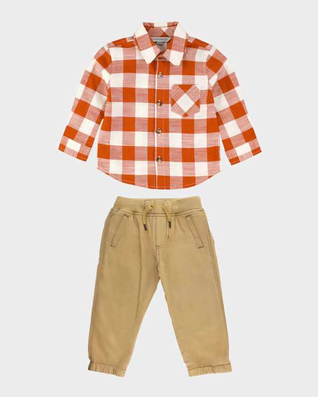 Boy's Rust Plaid-Print Shirt & Joggers Set, Size 3M-8