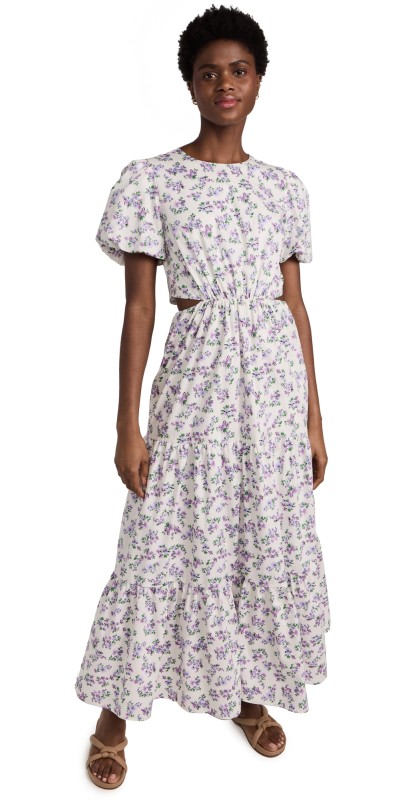 WAYF Plaza Cutout Tier Maxi Dress Lavender Ditsy