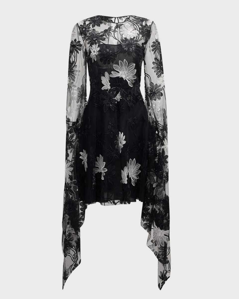 Floral Lace Cascading-Sleeve Dress