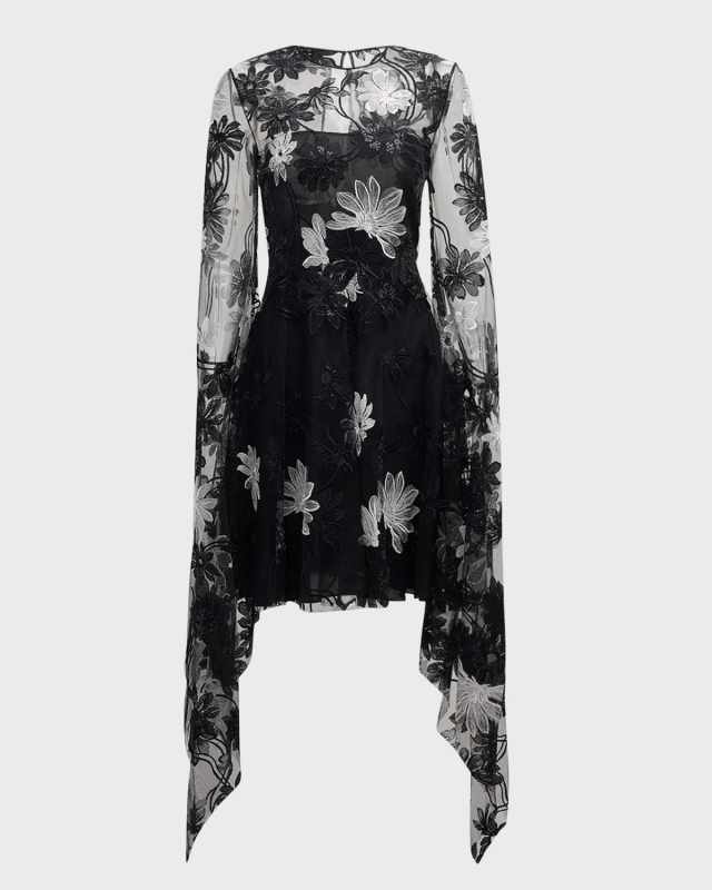 Floral Lace Cascading-Sleeve Dress