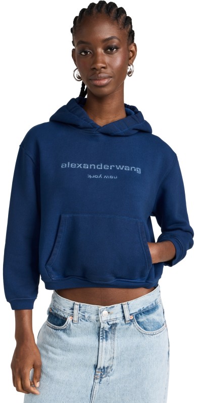 Alexander Wang Bi-Color Glitter Logo Shrunken Hoodie Dark Navy Combo