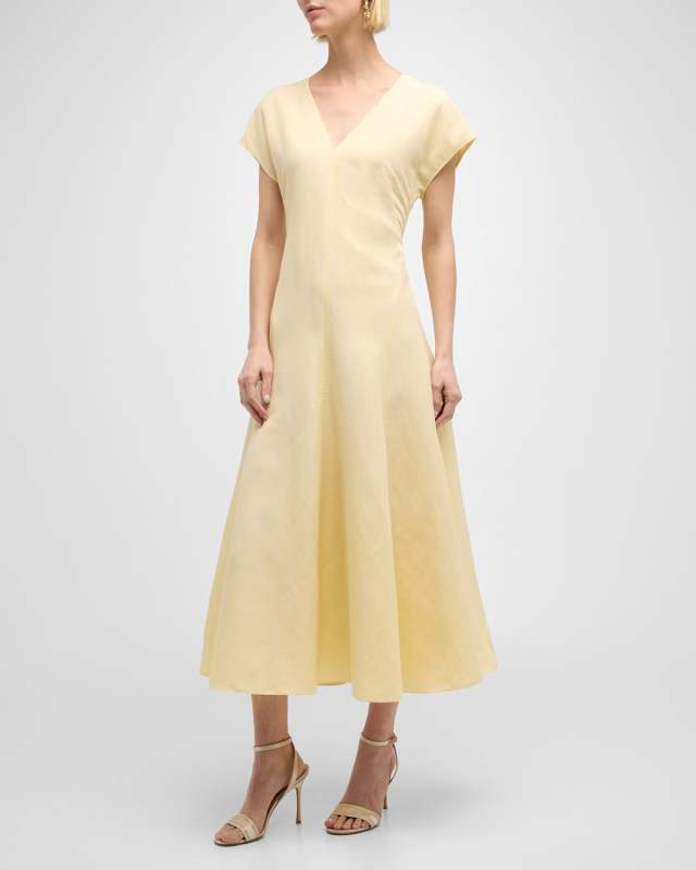 V-Neck A-Line Silk-Linen Midi Dress