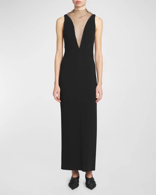 Deep V-Neck Gown with Rhinestone Netting