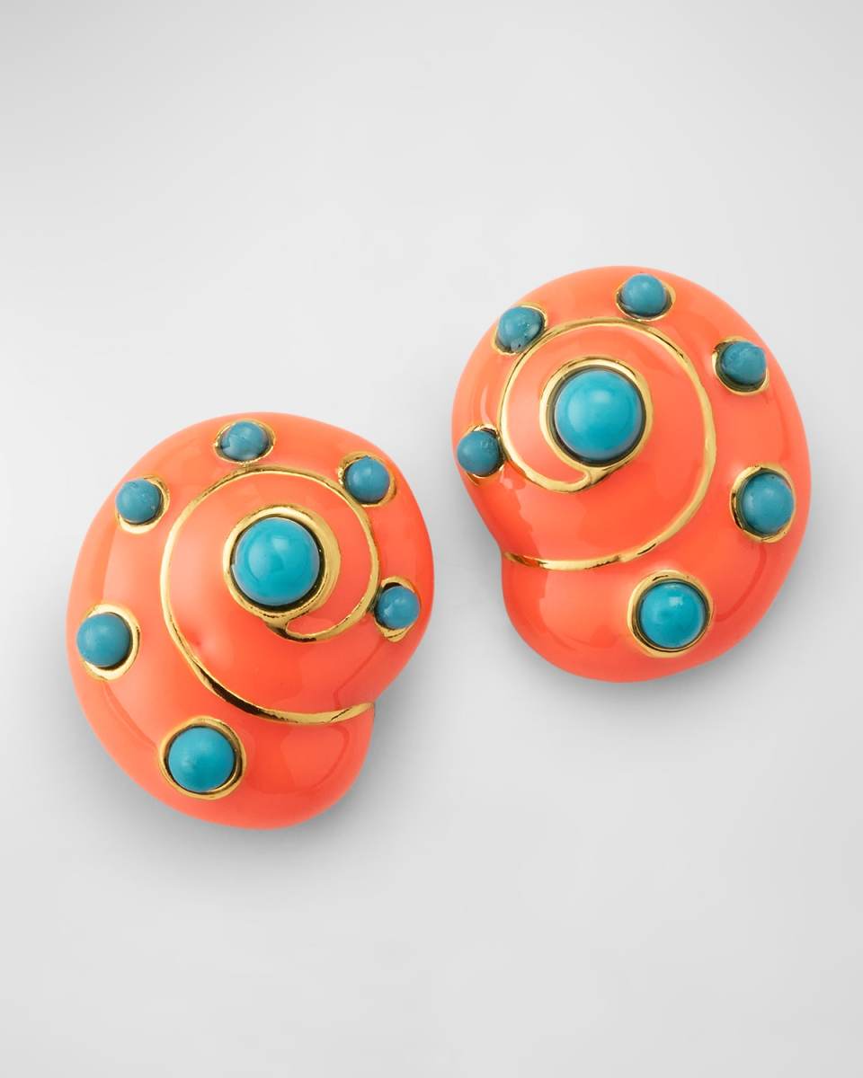 Gold-Plated Enamel and Turquoise Dot Snail Earrings