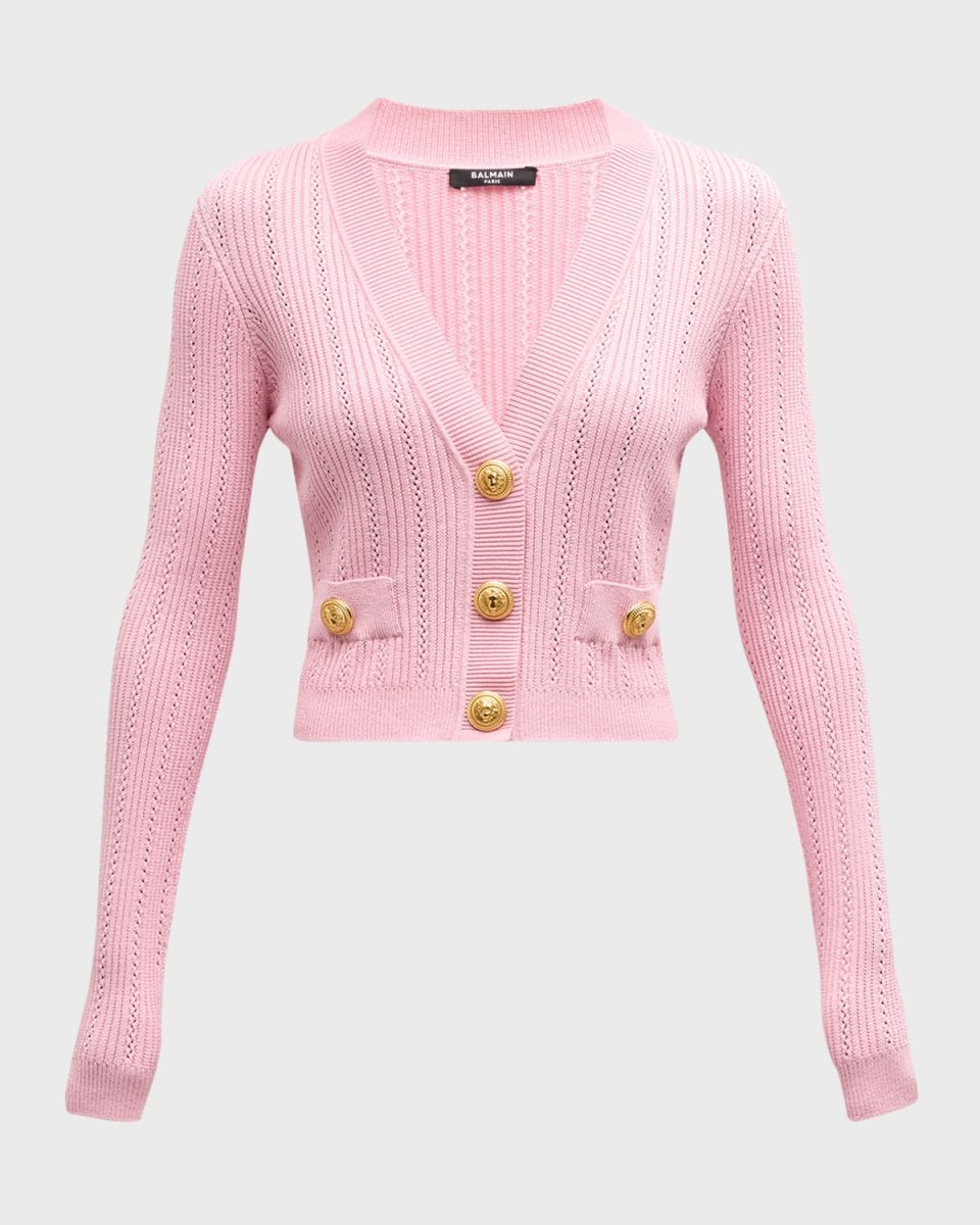 Buttoned Pointelle Rib Knit Crop Cardigan