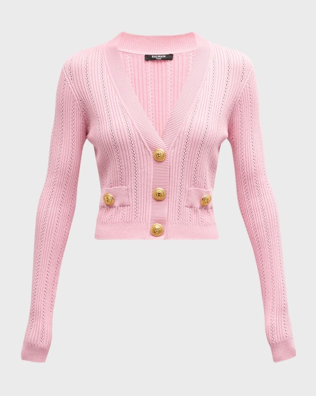 Buttoned Pointelle Rib Knit Crop Cardigan