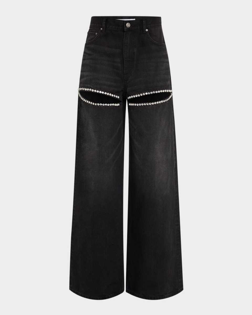 Crystal Cutout Slit Straight Leg Jeans
