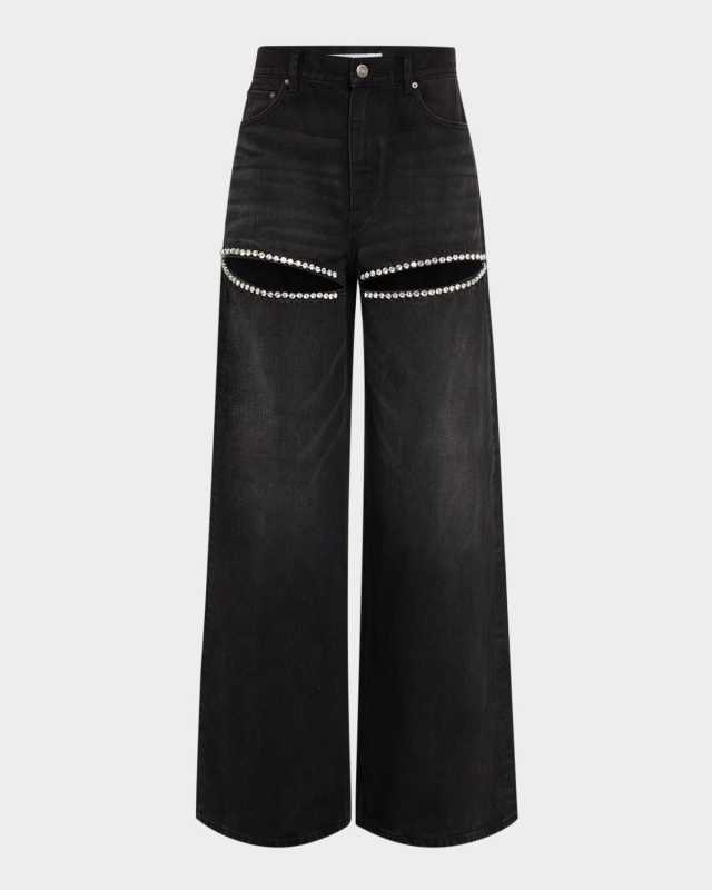 Crystal Cutout Slit Straight Leg Jeans