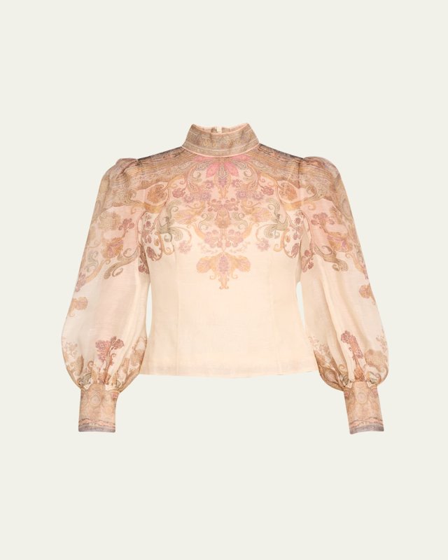 Paisley-Print Long Puff-Sleeve Top