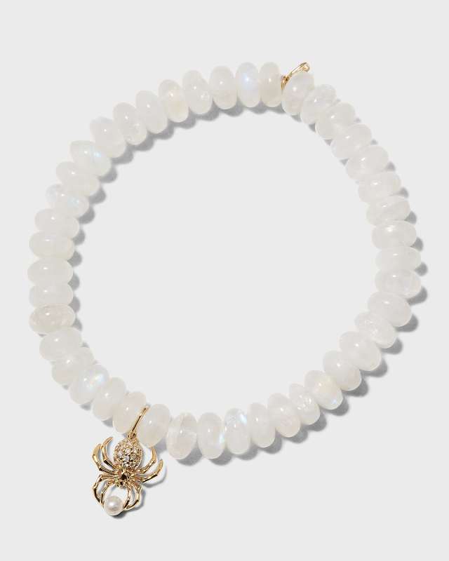 Yellow Gold 7mm Rainbow Moonstone Smooth Rondelle Bracelet with Spider Charm