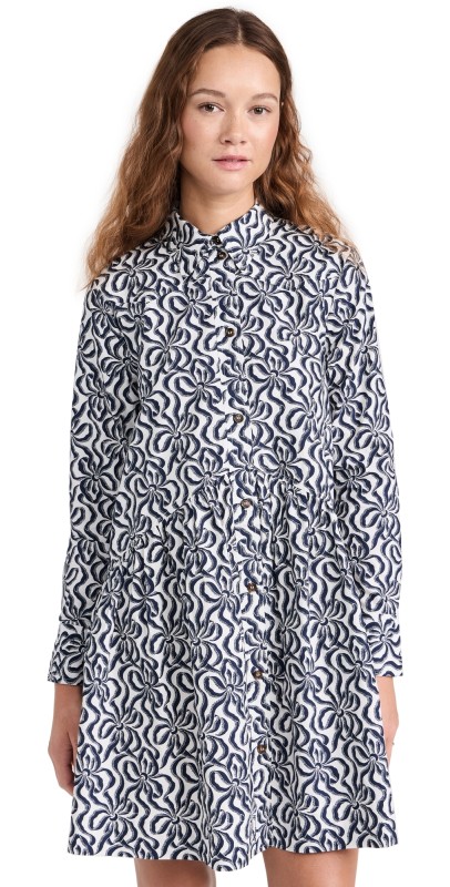 GANNI Printed Cotton Mini Shirt Dress Egret