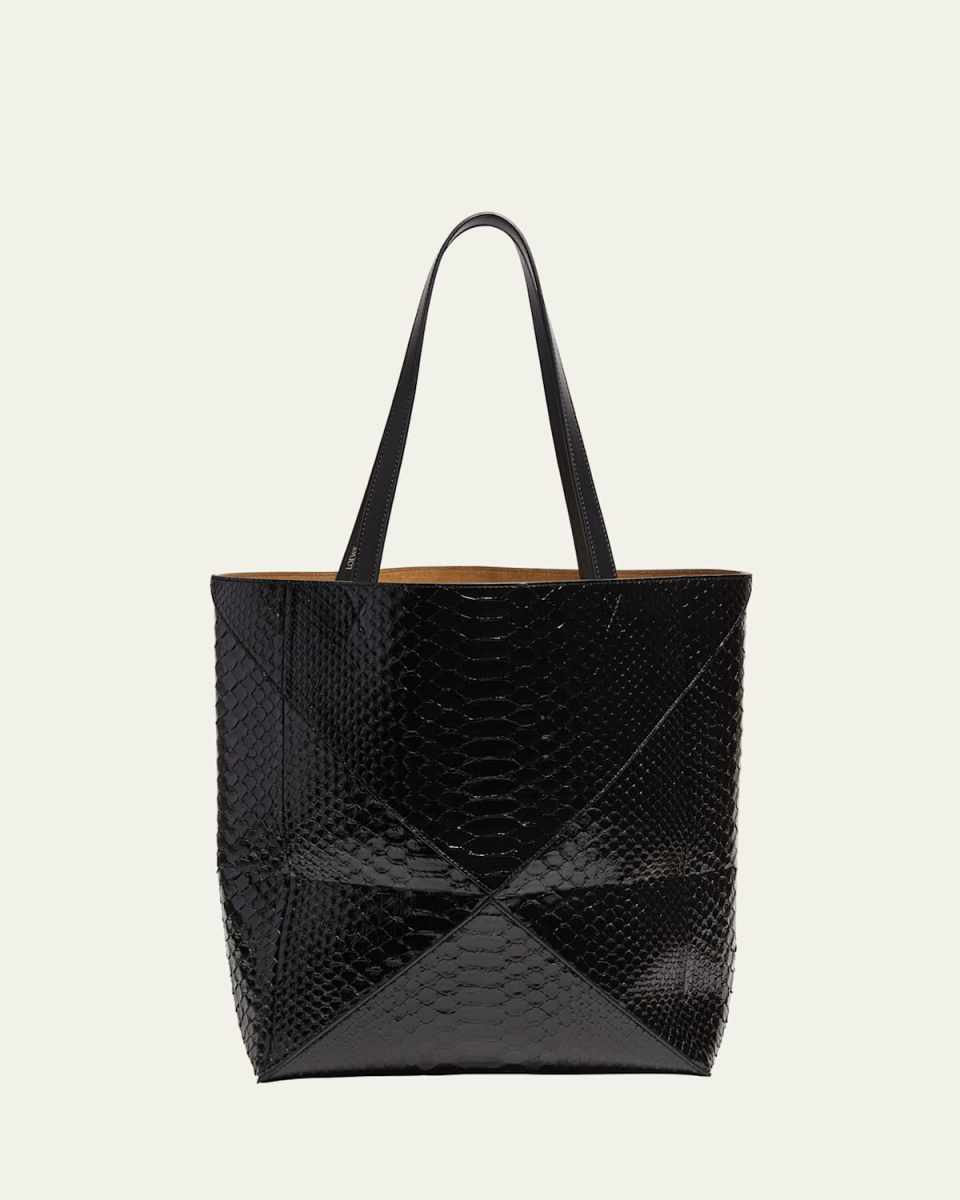 Puzzle Fold Large Patent Python-Embossed Tote Bag