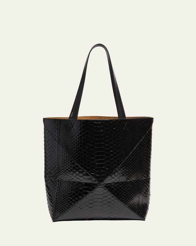 Puzzle Fold Large Patent Python-Embossed Tote Bag