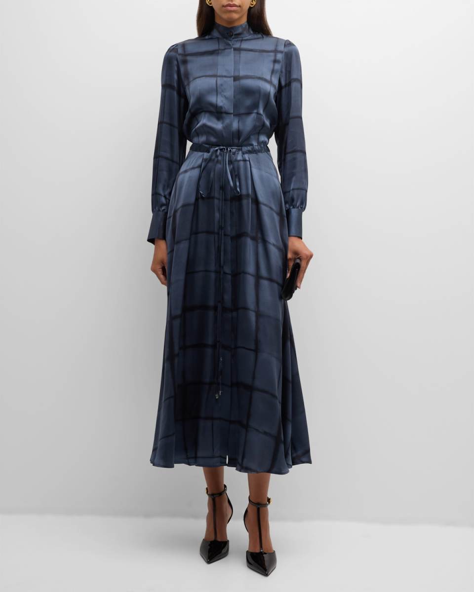 Grid-Print Silk Long-Sleeve Belted Maxi Dress
