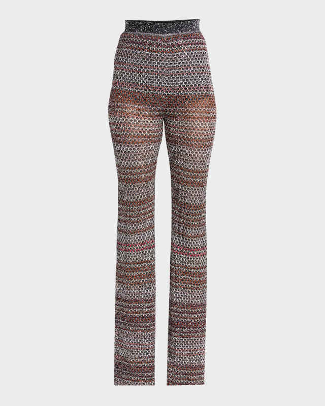 High-Rise Paillette Striped Knit Straight-Leg Pull-On Trousers