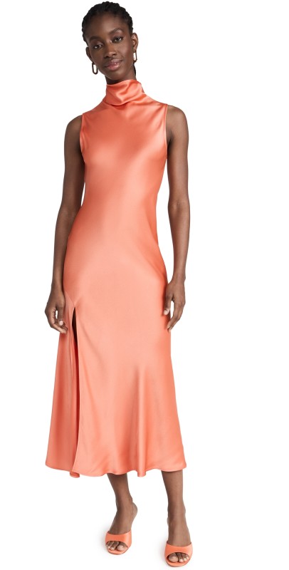 LAPOINTE Double Face Satin Drape Neck Sleeveless Dress Coral