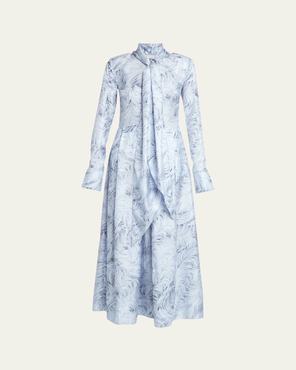 Feather-Print Scarf-Neck Long-Sleeve Silk Maxi Dress