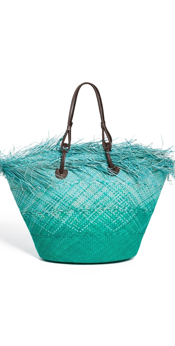 Sensi Studio Medium Basket Tote with Frayed Border Turquoise/Light Blue Straw