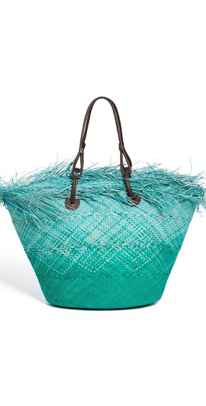 Sensi Studio Medium Basket Tote with Frayed Border Turquoise/Light Blue Straw